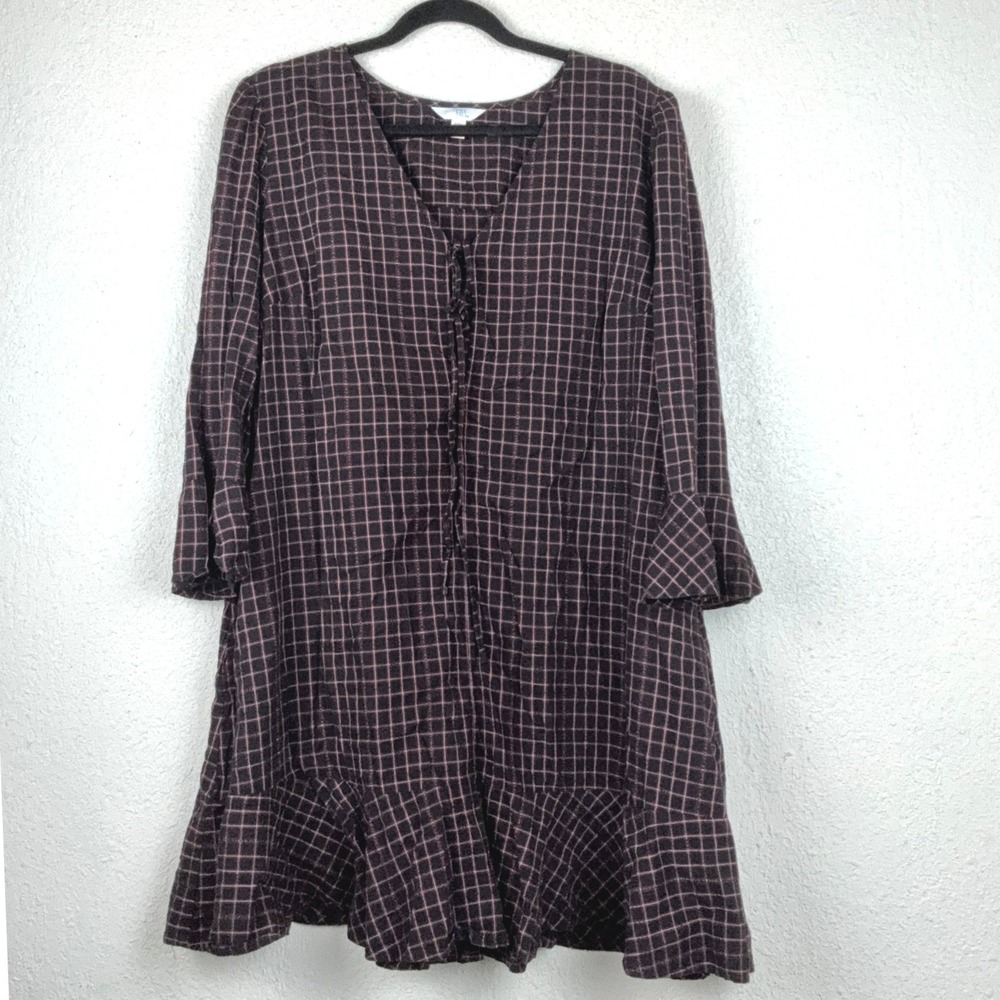 Time and Tru Black Plaid Dress - XXXL- Ruffle Bell Sleeve Cottagecore Boho Grid